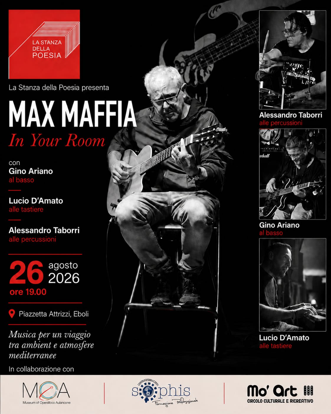 Locandinda dell'evento a Piazzetta Attrizzi del 26/08/26 di Max Maffia